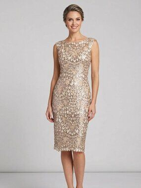 Adrianna Papell Sequin Feather Mesh Midi Dress Gold/Nude Formal Cocktail NWT 6
